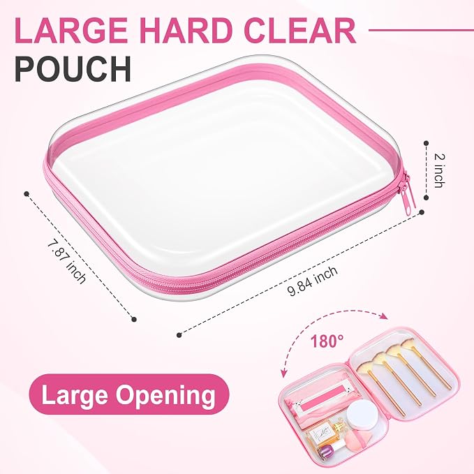 Sanwuta 6 Pcs Clear Hard Zipper Case Plastic Zipper Pouches Transparent Makeup Bag Pencil Case Pouches Toiletry Diaper Bag for Travel Toy Storage Organizer Bins(Pink,9.84 x 7.87 x 2 Inch) - Image 2