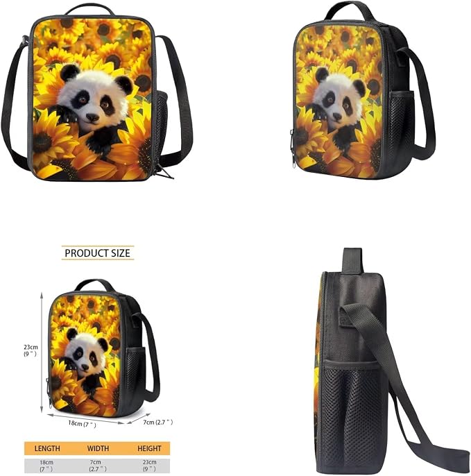 Sunflower Panda Backpack for Girls Boys Backpack with Lunch Box Water Bottle Holder with Strap and Pencil Case 4PCS Set Bookbag with Front Pocket for School 17 inch Sturdy School Bag for Kids - Image 4