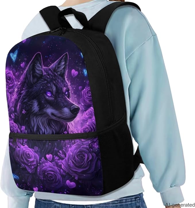 Black Wolf Girls Backpack with Lunch Box Large Capacity Kids Bookbag with Pencil Case Adjustable Lightweight School Bag for Kindergarten, Elementary & Middle School - Image 2