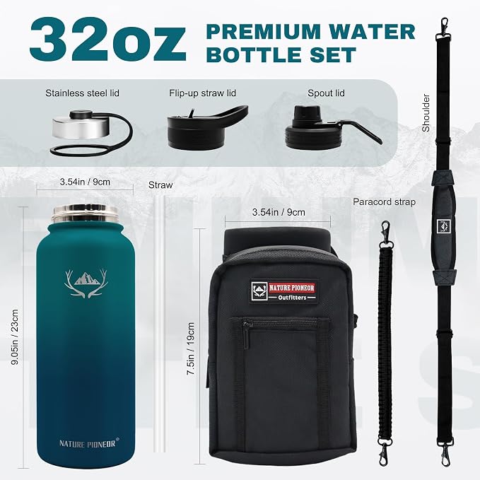 NATURE PIONEOR 32 oz Insulated Water Bottle with Carrier Bag & 3 Lids | 18/8 Food-grade Stainless Steel, Double Vacuum Insulation, 3 Leak-proof Lids, Strap, Camping, Hiking, Gym, Work - Image 6