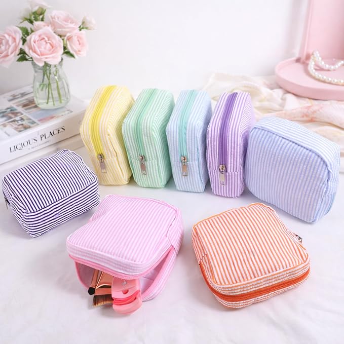 Giesiery 8 Pcs Seersucker Makeup Bags Striped Cosmetic Bags Bulk Organizer for Women Preppy Travel Toiletry Pouch for Wedding Bridesmaid Gifts (Macaron Color, Small) - Image 4