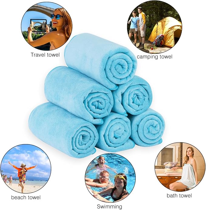 JML Microfiber Bath Towels Set (6 Pack, 27" x 55") - Large, Soft, Absorbent and Fast Drying Microfiber Towel for Adult Men Women, Hair Wrap, Sauna, Beach, Pool, Sports, Yoga - Sky Blue - Image 5