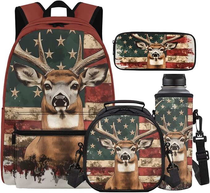 American Deer Backpack for School Kids Boys Bookbag with Lunch Box 4-in-1 Set, Boys Backpack 10-12 Years Old, Adjustable Straps 6th 5th Grade Backpacks for Girls School Bag Gifts Set by Unknown