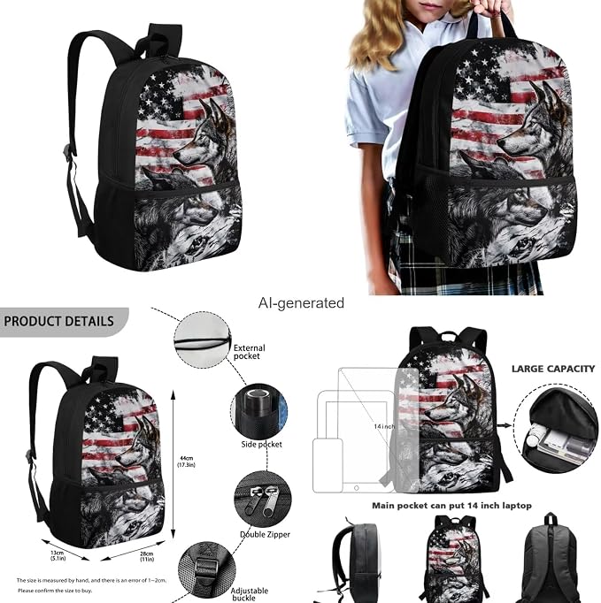 American Flag Wolf Backpack for Boys Kids Backpack with Lunch Box Water Bottle Bag and Soft Pencil Case 4PCS Set Bookbag with Front Pocket for School Teens 17 inch Large Capacity School Bag - Image 3