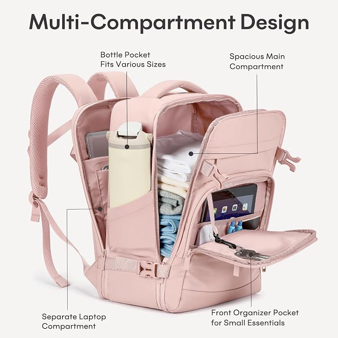 mibasies 40L Travel Backpack for Women & Men: Flight Approved Carry On Backpack, TSA Personal Item Bag with Water Bottle Pocket, Weekender Essentials Backpacks fits 17" Laptop - Pink - Image 3