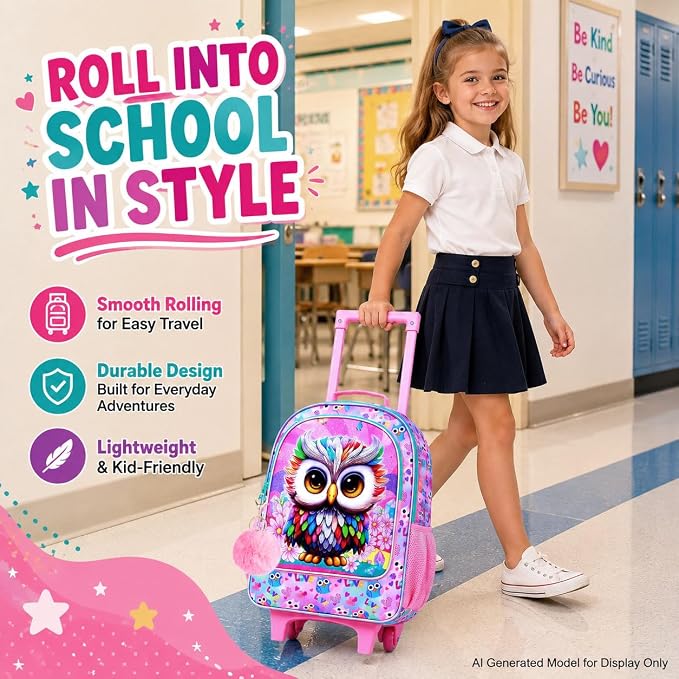 HPJGD 3PCS Owl Rolling Backpack for Girls, Kids School Backpacks with Wheels, Water Resistant UV Printed Roller Wheeled Bookbag Set - Image 2
