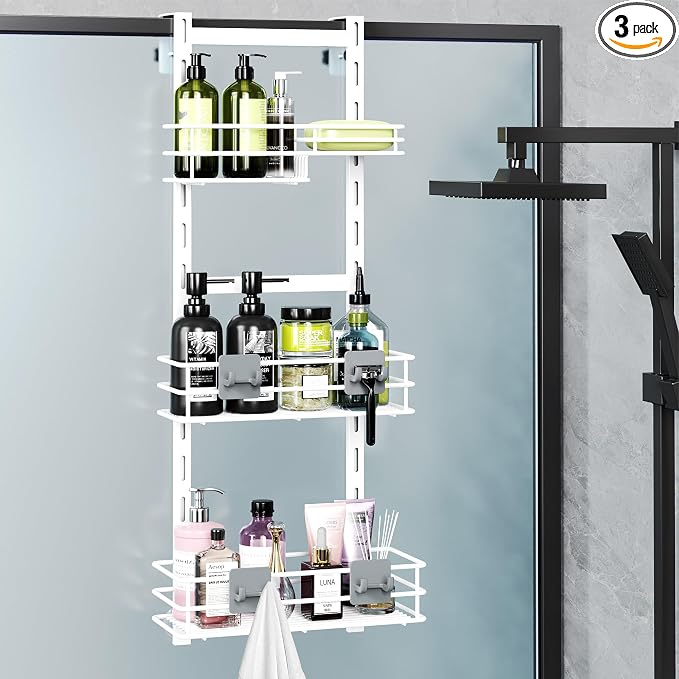 Orimade Over The Door Shower Caddy Adjustable 3 Tier White,Bathroom Hanging Organizer Shelf Rustproof with 4 Hooks,Shower Basket with Soap Holder and Suction Cup by Orimade