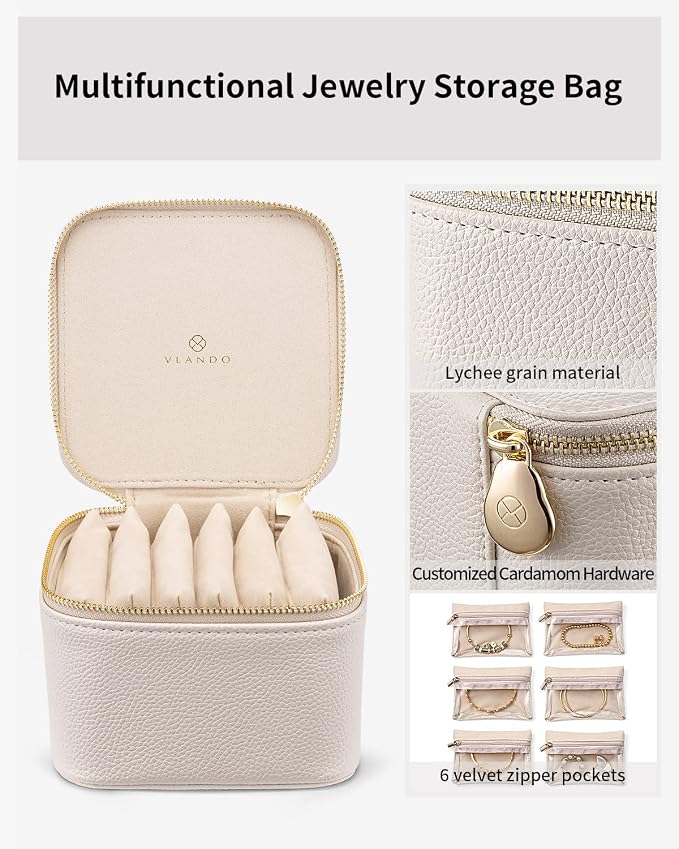 VLANDO Travel Jewelry Organizer Case with 6 Clear Velvet Zipper Pouches, Faux Leather Jewelry Storage Box for Rings, Earrings, Necklaces and Bracelets, Gift for Women - Image 4