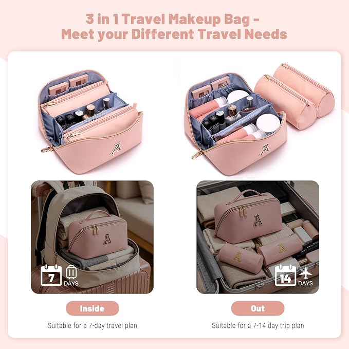 BOYATU Makeup Bag Gift for Women: 3-in-1 Travel Personalized Cosmetic Bag | Initial Make up Bag - Monogram A-Z - Vegan Leather Flat Open Toiletry Organizer - Ideal Gift Set for Birthday Graduation - Image 5