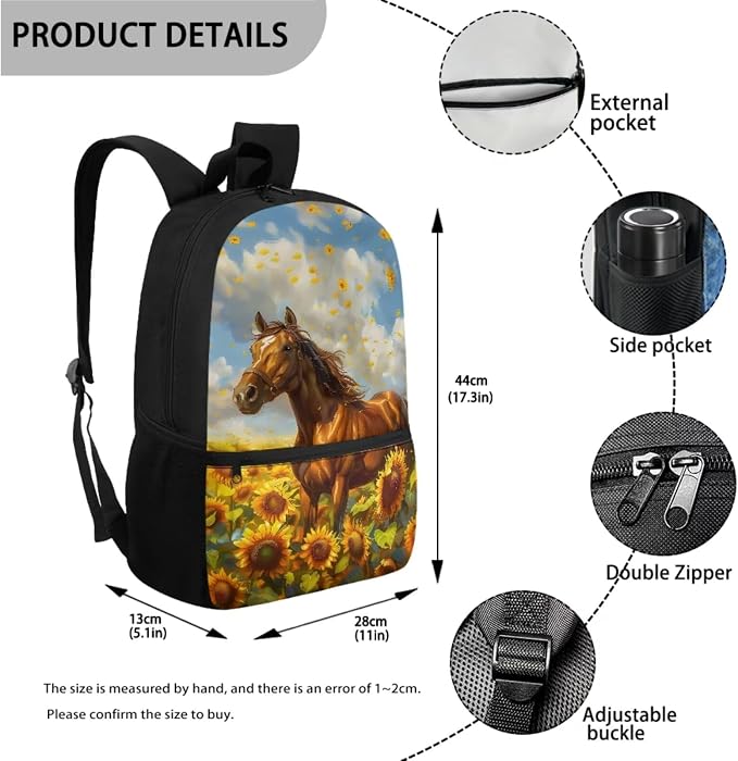 Sunflower Horse Print School Set Fashion Backpacks Lunch Bag Pencil Case Boys Girls 17 Inch Travel Laptop Bag Lightweight Rucksack Casual Daypack for Hiking Camping - Image 2