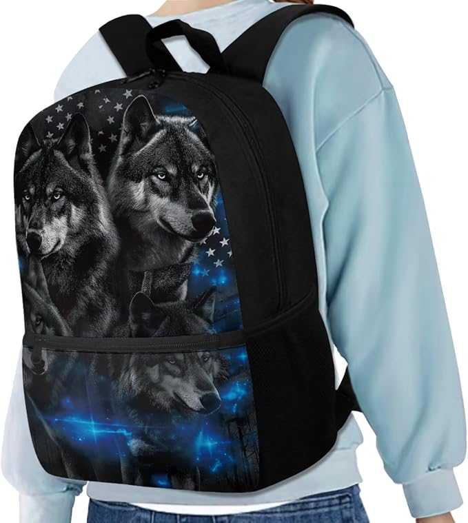 American Flag Wolf Backpack for Boys Kids Backpack with Lunch Box Water Bottle Holder and Soft Pencil Pouch 4PCS Set Cute Bookbag with Front Pocket for School Teens 17 inch Large School Bag - Image 2