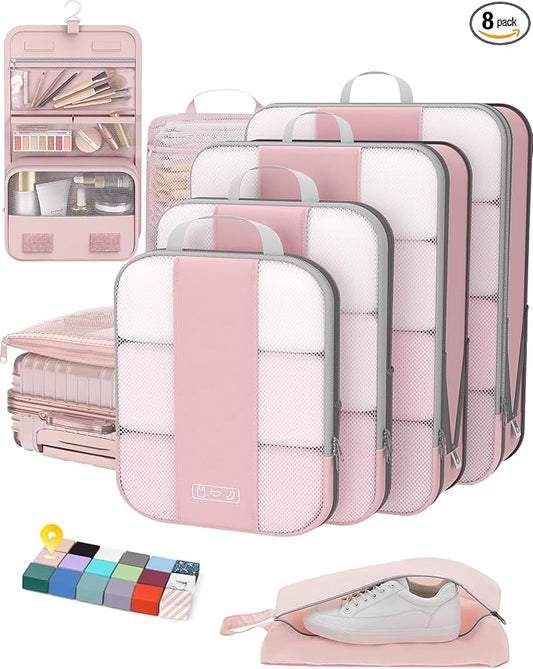 OlarHike 8 Set Compression Packing Cubes for Travel Essentials,Compressible Expandable Space Saver Bags for Organizing Clothes,Luggage Suitcase Garment Bags with Over 1000 pcs Mesh Holes(Pink) by OlarHike