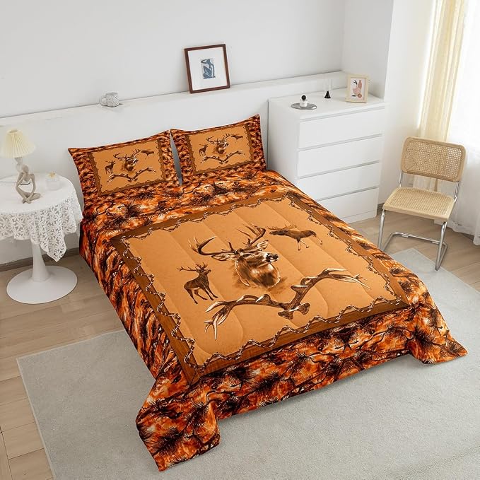 Erosebridal Hunting Animal Comforter Set for Kids Boys Girls Rustic Deer Elk Moose Bedding Set Twin Vintage Orange Jungle Quilt Farmhouse Down Comforter with 1 Pillow Sham Cabin Lodge Decor - Image 4