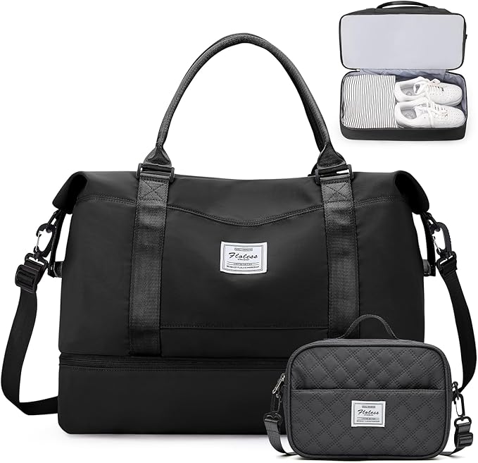 Weekender Bags for Women,Personal Item Travel Bag with Shoes Compartment | Overnight Travel Duffel Bag with Black Gray Toiletry Bag,Carry-On Bag by SYCNB