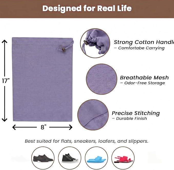 LFH Cotton Rich Shoe Storage Bags with Drawstring, Dustproof Breathable Reusable Organizer, Perfect For Travel, Dorm, Hotel, College, Gym, Easy to Carry, Machine Washable 8"x17" (Pack of 4) - Lavender - Image 2