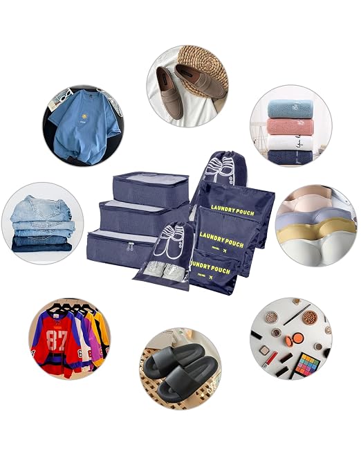 8-in-1 Suitcase Organiser Set for Travel, Clothes Bags, Packing Cubes, Luggage Organisers for Clothes, Shoes, Underwear, Cosmetics, Dark Blue - Image 2