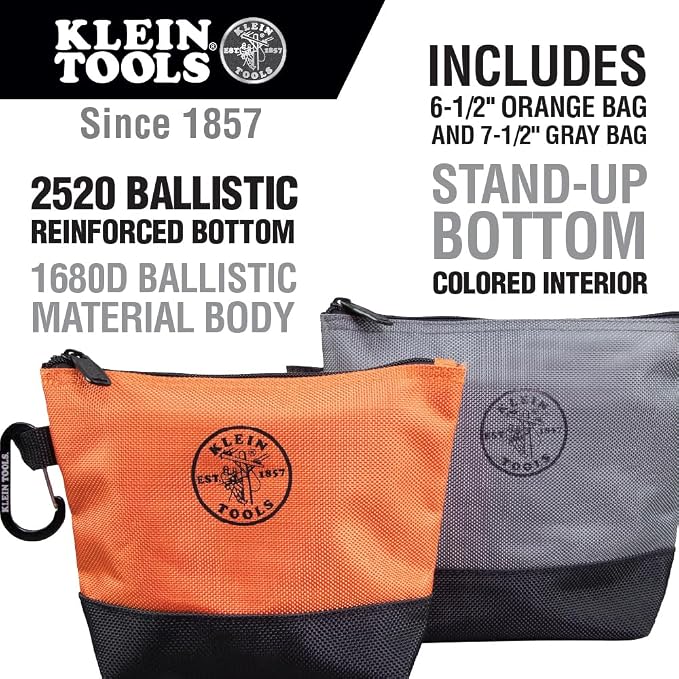 Klein Tools 55470 Utility Bag, Stand-Up Zipper Tool Bags, Tough 1680d Ballistic Weave, Reinforced Bottoms, Orange/Black, Gray/Black, 2-Pack - Image 2