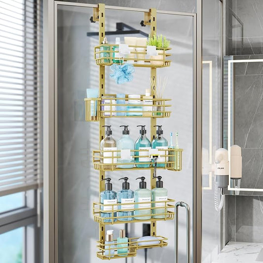 Consumest Over The Door Shower Caddy - 5 Tier Adjustable Shower Organizer Hanging with 2 Toothbrush Holders & 4 Hooks, Rustproof Organizer Shelf, Storage Rack for Bathroom, Gold by Consumest