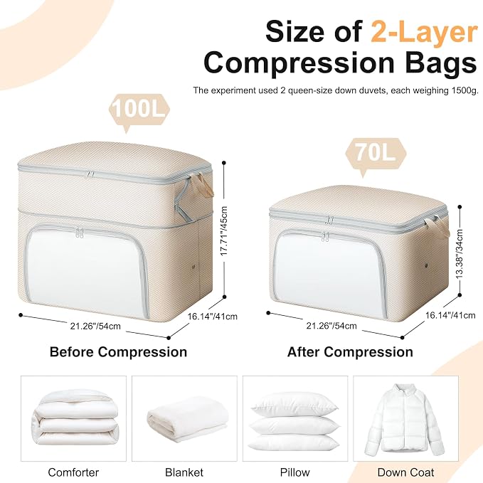 Comforter Storage Bag - Large Capacity Blanket Storage Bags Front-opening Ultra Space Saving Self Compression Organizer, Washable Compression Bags for Storage Comforter Blanket, 2 Pack, Beige - Image 2