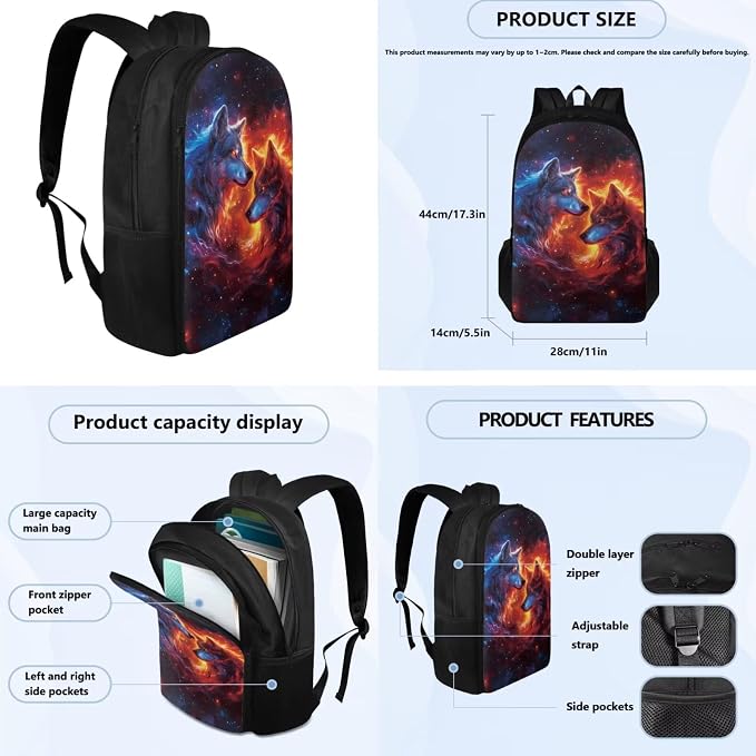 Galaxy Wolf Backpack for Girls Boys Backpack with Lunch Box Water Bottle Pouch and Zipper Pencil Pouch 4PCS Set Bookbag with Compartments for School 17 inch Large Capacity School Bag for Kids - Image 4