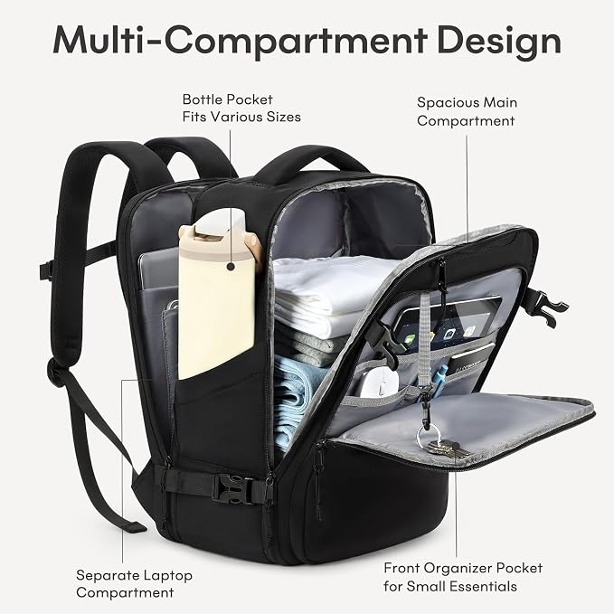 mibasies 40L Travel Backpack for Women & Men: Carry On Luggage Flight Approved, TSA Laptop Backpack with Water Bottle Pocket, Personal Item Bag Fits 17" Laptop for Weekender Business - Black - Image 4