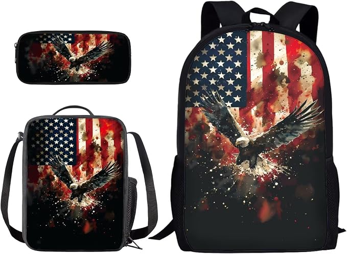 Vintage American Flag Eagle Print Backpack Set Kids Bookbag Primary School Large Daypack with Lunch Bag and Pencil Bag, Elementary Students July 4th Knapsack for Teens Girls by PCSJRKG