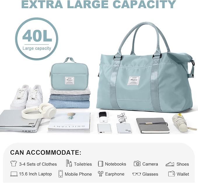 Travel Duffel with Toiletry Bag, Weekender Overnight Carry-on, Extra Large Light Blue - Image 3