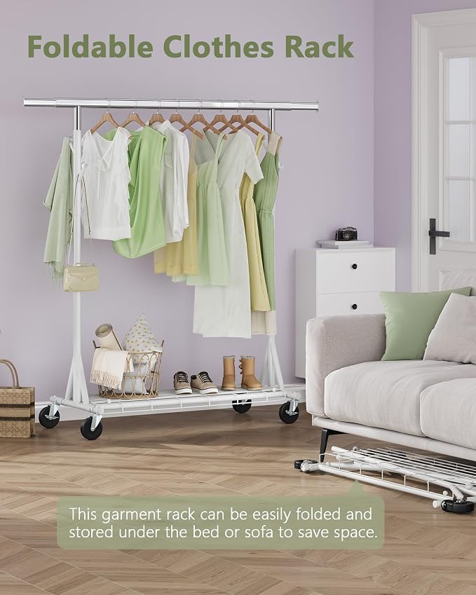 Hoctieon 1-Minute Assembly Clothes Rack, 480 lbs Heavy Duty Rolling Clothing Racks with Wheels, Foldable Garment Rack, Extendable Hanging Bar, Adjustable Metal Pole with Hooks, White - Image 2