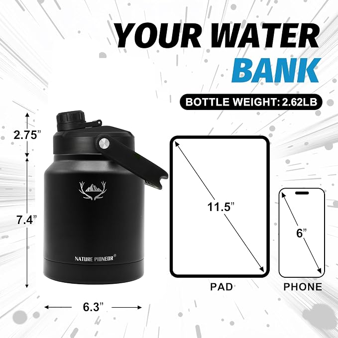 NATURE PIONEOR 84 oz Insulated Water Bottle Jug with Carrier Bag | 18/8 Food-grade Stainless Steel, Double Vacuum Insulation, Wide-Mouth, Straw & Spout Lid, Strap, Camping, Hiking, Gym, Work - Image 2