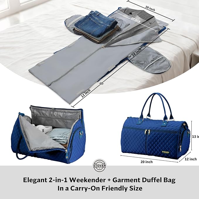 STOVER Women’s Convertible Garment Duffel Bag for Travel – 2-in-1 Carry-On Weekender/Overnight Tote - Wrinkle-Free Dresses, Suits & Clothes + Shoe Compartment & Bonus Toiletry Bag (Sapphire Blue) - Image 2