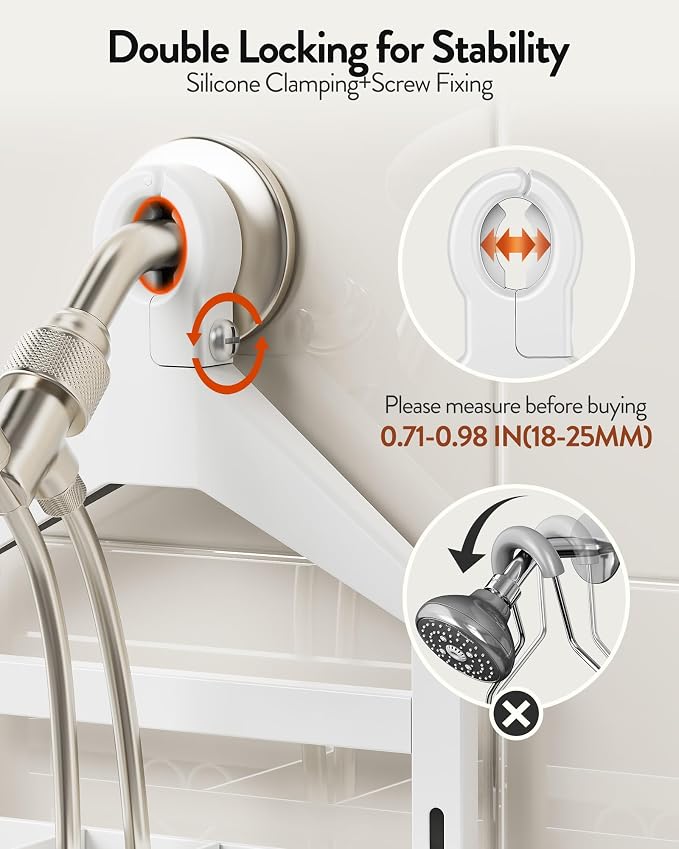 Orimade Adjustable Hanging Shower Caddy for Handheld Shower Heads, Rustproof Bathroom Shelf Organizer Over Showerhead Storage Rack with 8 Hooks, Easy-Clean Removable Baskets & Triple Anti-Slip, White - Image 2
