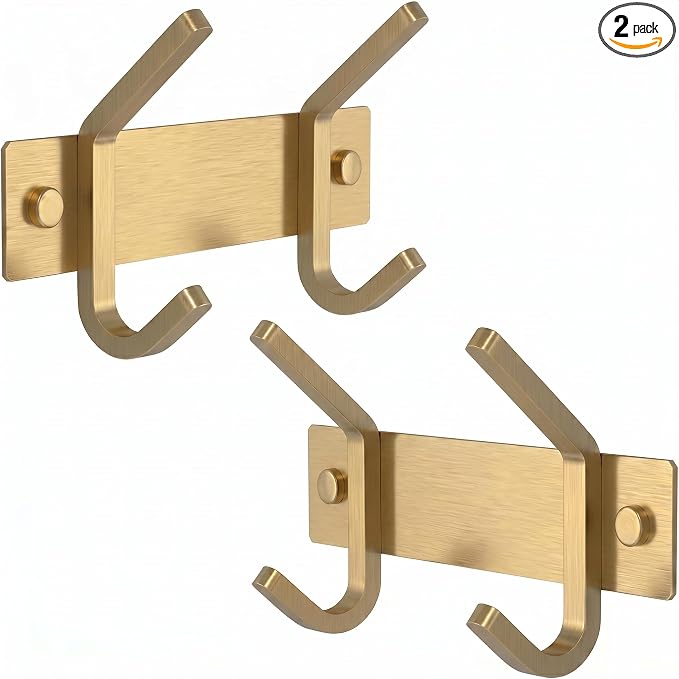 Brushed Gold Small Coat Rack Wall Mount – 6 Inch Stainless Steel Rail with 2 Double Coat Hooks for Entryway, Bathroom, Bedroom, Kitchen – Modern Gold Hook Rack for Coats, Hats, Towels - 2 Pack by SAYONEYES