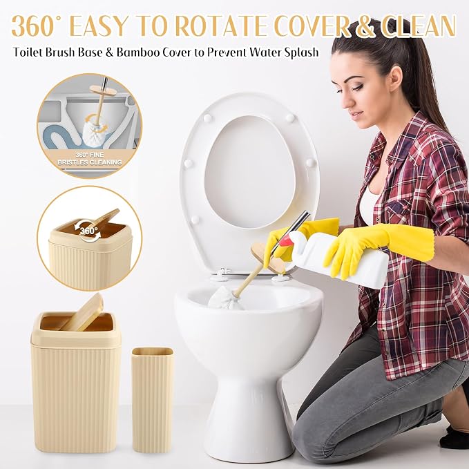 Bathroom Set 17PCS Beige Bathroom Accessories Set Bathroom Sets with Trash Can 3PCS Lotion Soap Dispenser, Toothbrush Holder,6PCS Wood Tags Bathroom Accessories for Kitchen Bathroom - Image 4