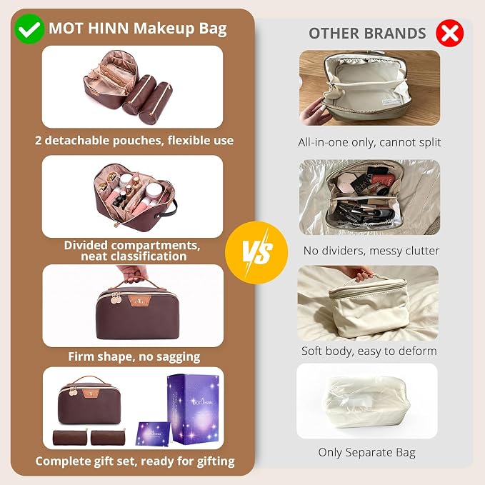 Travel Makeup Bag for Women: 3-in-1 Large Capacity Cosmetics Organizer with 2 Detachable Pouch - Vegan Leather Flat Open Toiletry Bag - Travel Essentials for Full-Sized Bottles(Coffee) - Image 3