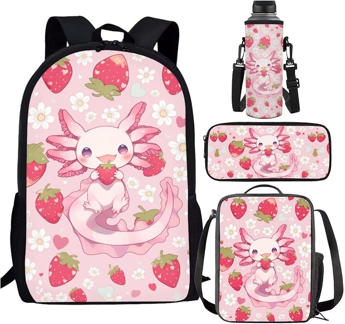 Axolotl Backpack with Lunch Box for Girls 6-8/5-7 Strawberry Bookbag Set 4 in 1 Elementary School Back Pack Lunch Bag Pencil Case Water Bottle Holder Kids Preschool/Kindergarten Book Bags by SCRAWLGODDreamWardrobe