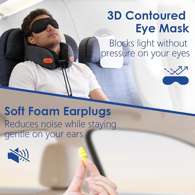 jiaao Travel Pillow Memory Foam Neck Pillow for Airplanes with Adjustable Neck Support, Includes Eye Mask, Earplugs & Storage Bag - Perfect for Flights, Road Trips, and Trains - Image 4
