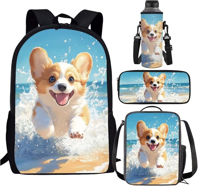 Funny Corgi Backpack with Lunch Box Kids Girls 6-8/5-7 Elementary School Bookbag 1st Grade 17in Book Bags Lunch Bag Pencil Case Water Bottle Holder Preschool/Kindergarten Back Pack 4PCS Set by SCRAWLGODDreamWardrobe