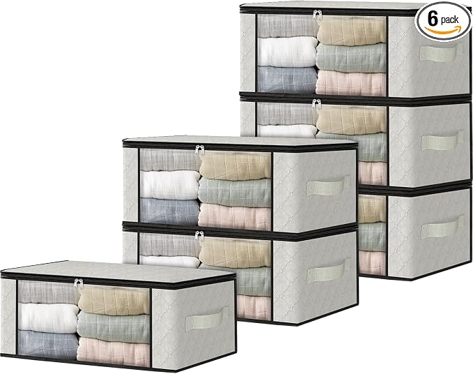 HomeHacks Storage 6-Pack Clothes Organizer Storage Bags Foldable Storage Box with Large Clear Window Sturdy Handles for Closet, Dorm, Pillows, Bedding, Clothes, Blankets, 35L, Ivory by HomeHacks