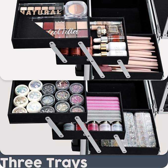 Hododou Rolling Makeup Case Cosmetic Travel Trolley Storage Sliding Drawer 4 Tray Makeup Travel Case with Wheels Salon Barber Case Traveling Cart Trunk for Cosmetologist Nail Tech Hairstylist Black - Image 3