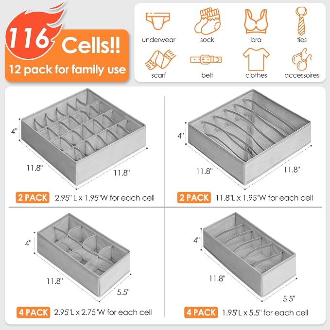 Criusia 12 Pack Sock Underwear Drawer Organizer Dividers, 116 Cells Fabric Foldable Dresser Closet Organizers and Storage Bins for Baby Clothing, Women Men Underwear Socks, Bra, Ties, Scarf - Image 3