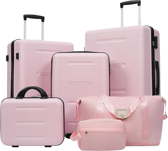 6 Pcs ABS Hardshell Luggage Set Spinner Wheel Suitcase Suitcase Baby Pink by Merax
