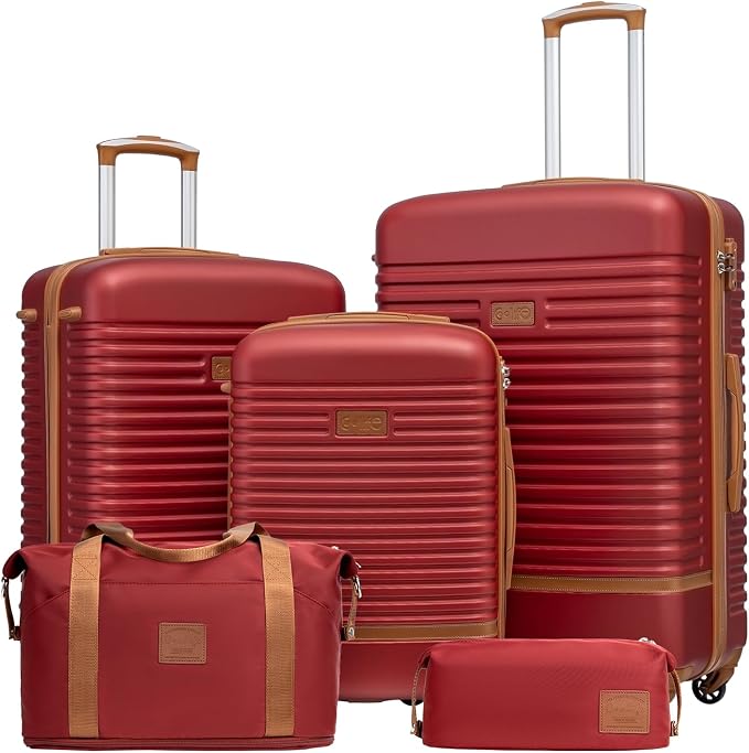Coolife 5 piece luggage Hardside Set with TSA Lock,Red(DB/TB/20/24/28) | Multi-Directional Wheels;Convenient Trolley Strap;Water-Resistant Fabric;Spacious Zipper Compartments;Lightweight ABS by COOLIFE