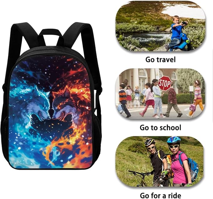 Fire and Ice Wolf Print Kids School Bookbag Set, Boys Girls Back to School Large Backpack Set, 3 Pcs Lightweight Schoolbag Set with Lunch Bag and Pen Bag, Red Blue - Image 3