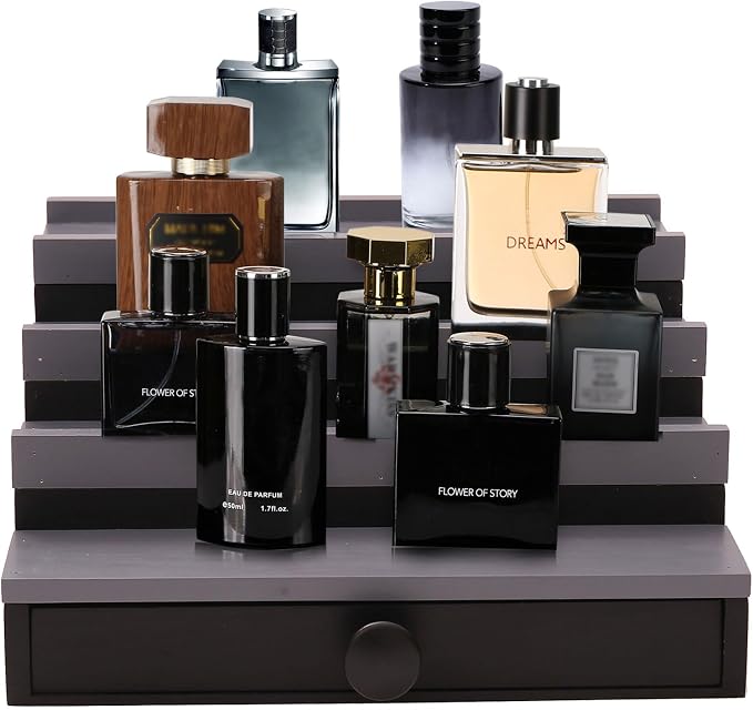 4 Tier Men's Cologne Organizer, Black Gray Wood Display Stand with Drawer | Tiered Cologne Shelf Rack, mens perfume holder, cologne collection, Hidden Storage, Dresser Fragrance Display, Gift for Men - Image 3