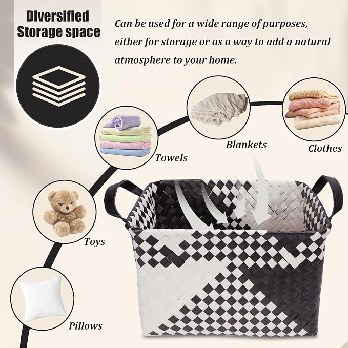 BROWNLILY Handwoven Clothes Basket Laundry Hampers Large Wicker Storage Baskets for Shelves Blankets Closet Storage Bins Car Bedroom Bathroom Organizers and Storage Bath (Pack of 4, Beige & Black) - Image 3
