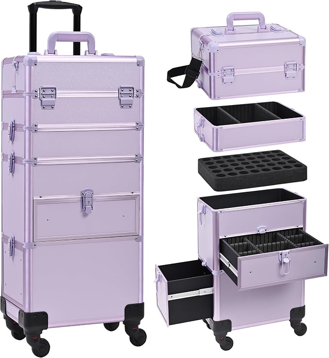 Somduy Rolling Makeup Case with Drawer, Makeup Train Case, 4 in 1Cosmetology Case on Wheels, Christmas Gift, Large Makeup Case Organizers, Profesional Cosmetic Case for Salon Barber, Purple by Somduy