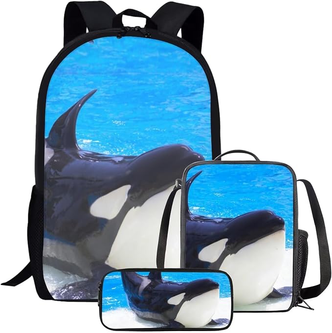 Kids Novelty Animal Backpack and Lunch Box for Boys Girls Student Lightweight 17 Inch School Killer Whale Orca Backpack with Lunch Bag Pencil Case Kids Comfy Padded Black Large Bookbag by Parprinty