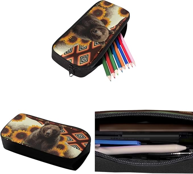 Student Backpack with Leakproof Lunch Bag Pencil Pouch Water Bottle Organizer with Aztec Sunflower Bear, Casual Double Zipper Large Capacity Travel Book Bag Rucksack for Kids - Image 6