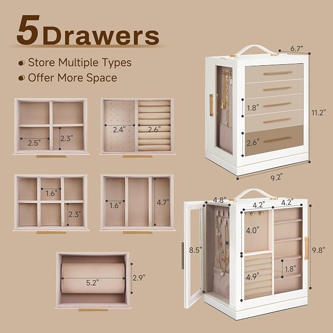 360° Rotating 5‑Drawers Jewelry Box with Top Handle & Glass Window, Spacious Vertical Jewelry Organizer, Jewelry Storage Case, Dustproof & Moisture‑resistant Design. (White) - Image 6