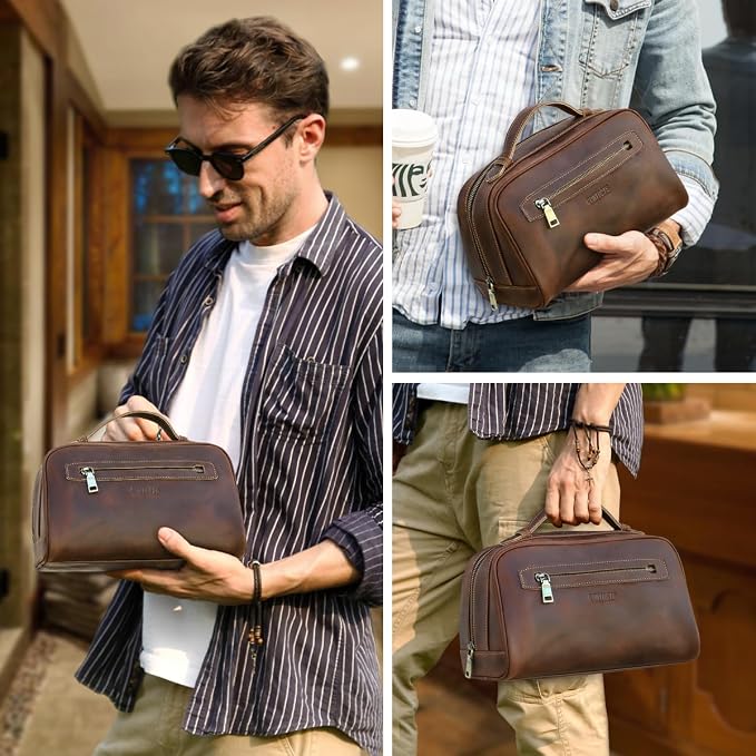 Contacts Full Grain Leather Travel Toiletry Bag for Men Wash Bag Bathroom Shaving Dopp Kit Toiletries Organizer Vintage Cosmetic Bag - Image 2